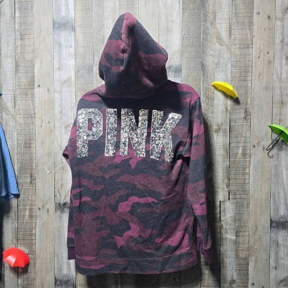 VICTORIA'S SECRET PINK CAMO BLING SEQUIN MAROON HOODIE - Picture 4 of 7
